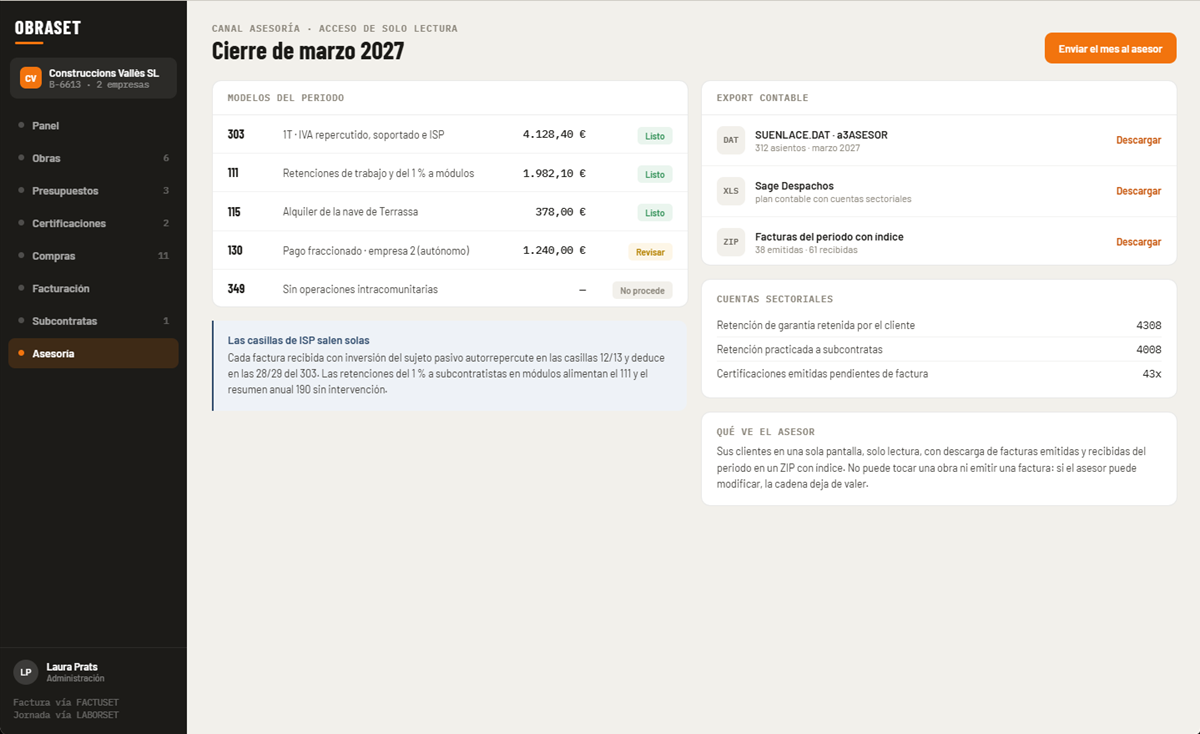 Canal asesoría en OBRASET: modelos del periodo con su estado, export contable a a3ASESOR y Sage, y tabla de cuentas sectoriales