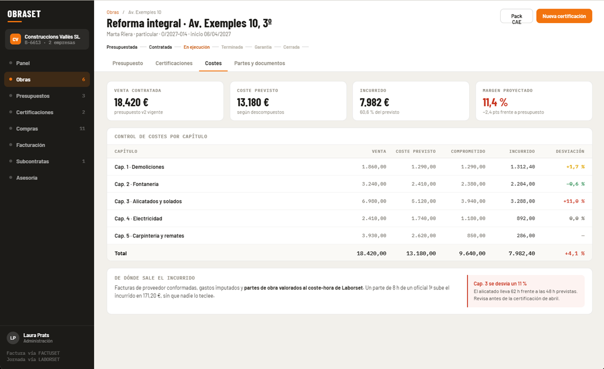 Control de costes por capítulo en OBRASET con las columnas de venta, coste previsto, comprometido, incurrido y la desviación coloreada, más el pie de totales